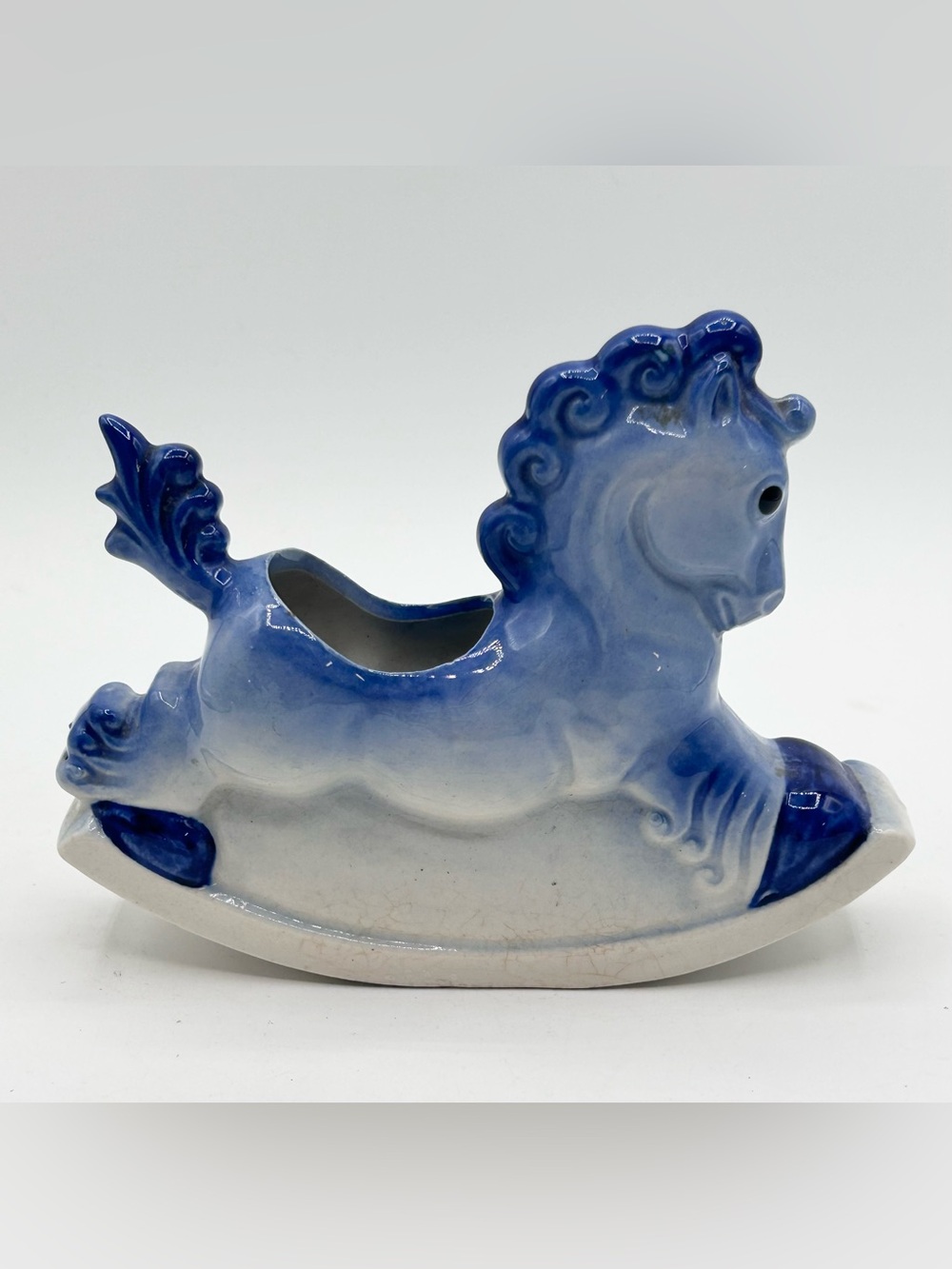 Vintage Rocking Horse Nursery Planter Vase Japan Blue White 6.5" Crazing